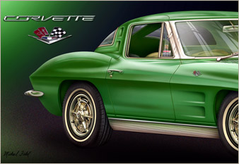 1963 green split window Corvette - painted in mixed media in 2017 by Michael Fishel