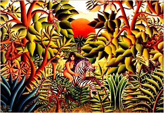 Lady on a Zebra - Homage to Henri Rousseau - oil on canvas painted in 1972 by Michael Fishel