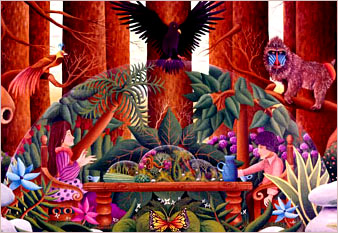 Nick and the Terrarium Lady - oil on canvas painted in 1975 by Michael Fishel