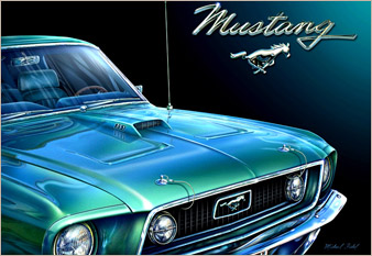 1969 green Ford Mustang - painted in mixed media in 2017 by Michael Fishel